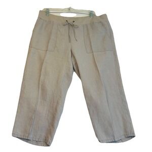 Eileen Fisher Capri Pants Linen Lg Cropped  Tan Pull On Tie Wide Leg Pockets EUC